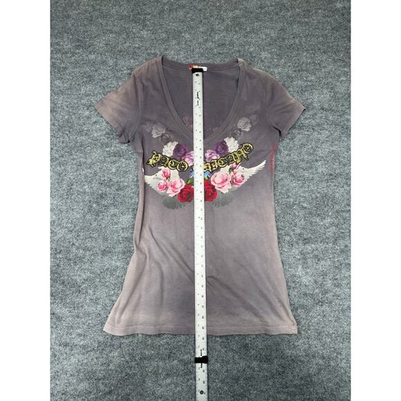 Christian Audigier Paco Chicano Women’s T-Shirt Sz L V-Neck Crown Roses Dove - Picture 9 of 16